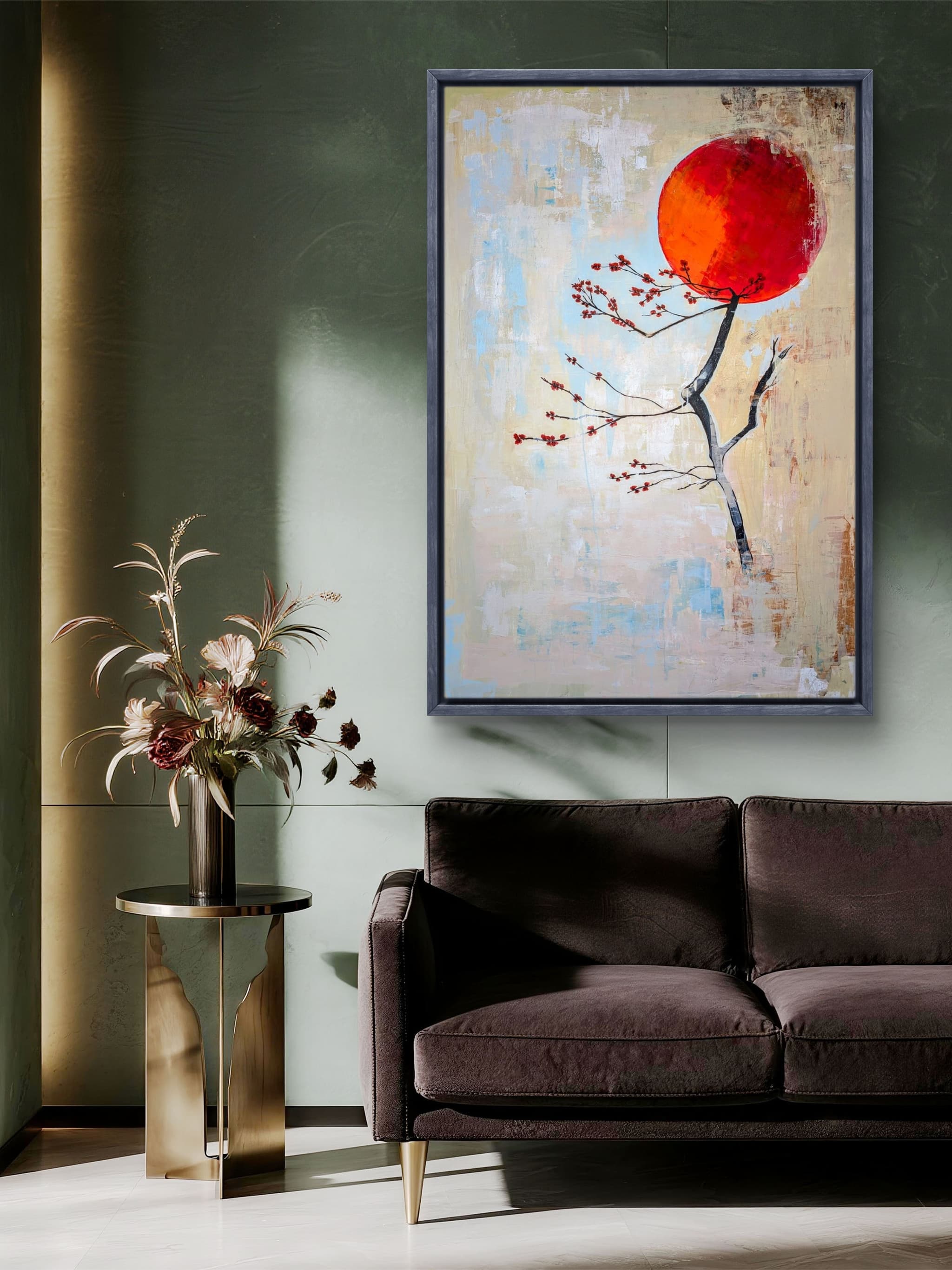 Awakening of Spring abstract mixed media painting featuring blooming trees and vibrant spring colors.